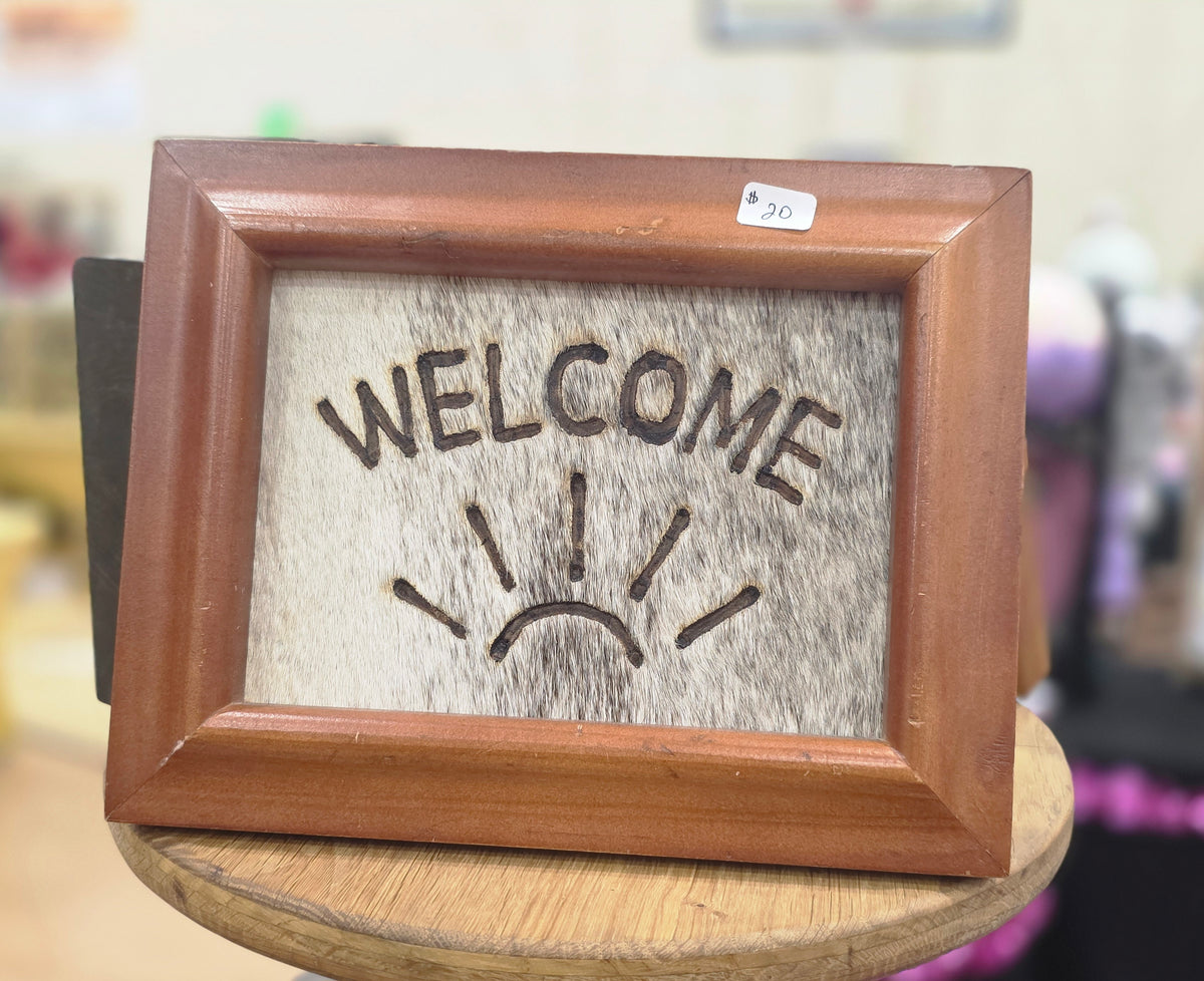 Branded Cow Hide "Welcome" Sign