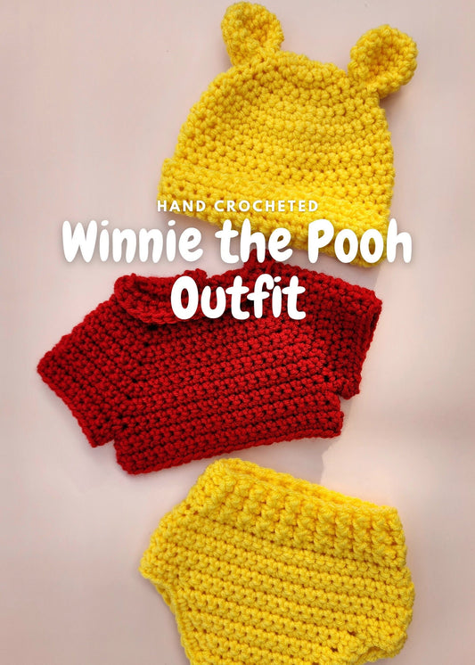Hand Crocheted Baby Winnie the Pooh Outfit. Yellow bear beanie with matching yellow diaper cover. A bright shirt. Could be used as a photo prop or costume.