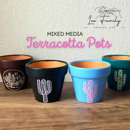 Mixed Media Terracotta Planter Pot: Western - Cactus Design