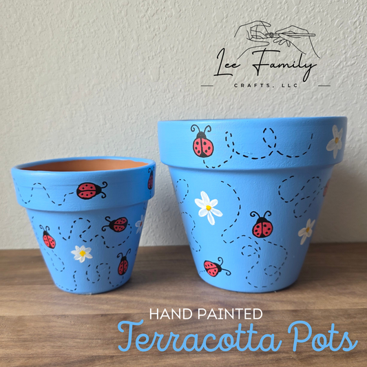 Hand Painted Terracotta Planter Pot: Lady Bugs and Daisy's