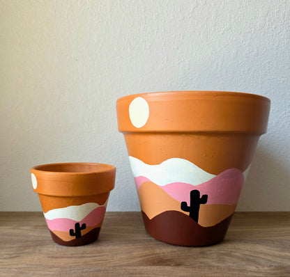 Hand Painted Terracotta Planter Pot: Desert Scene