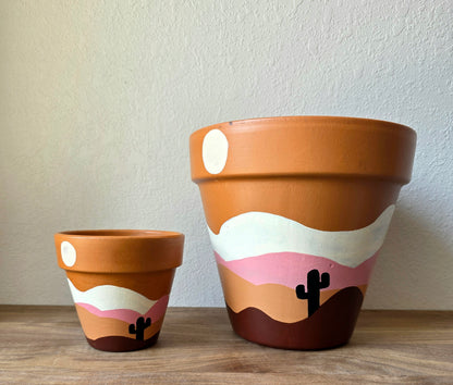 Hand Painted Terracotta Planter Pot: Desert Scene