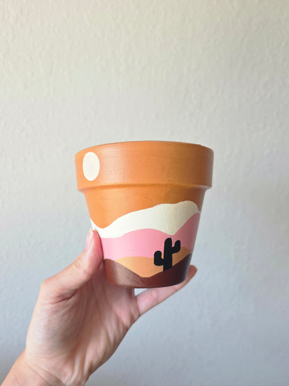 Hand Painted Terracotta Planter Pot: Desert Scene