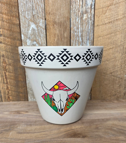 Mixed Media Terracotta Planter Pot: Southwestern with Cow Skulls
