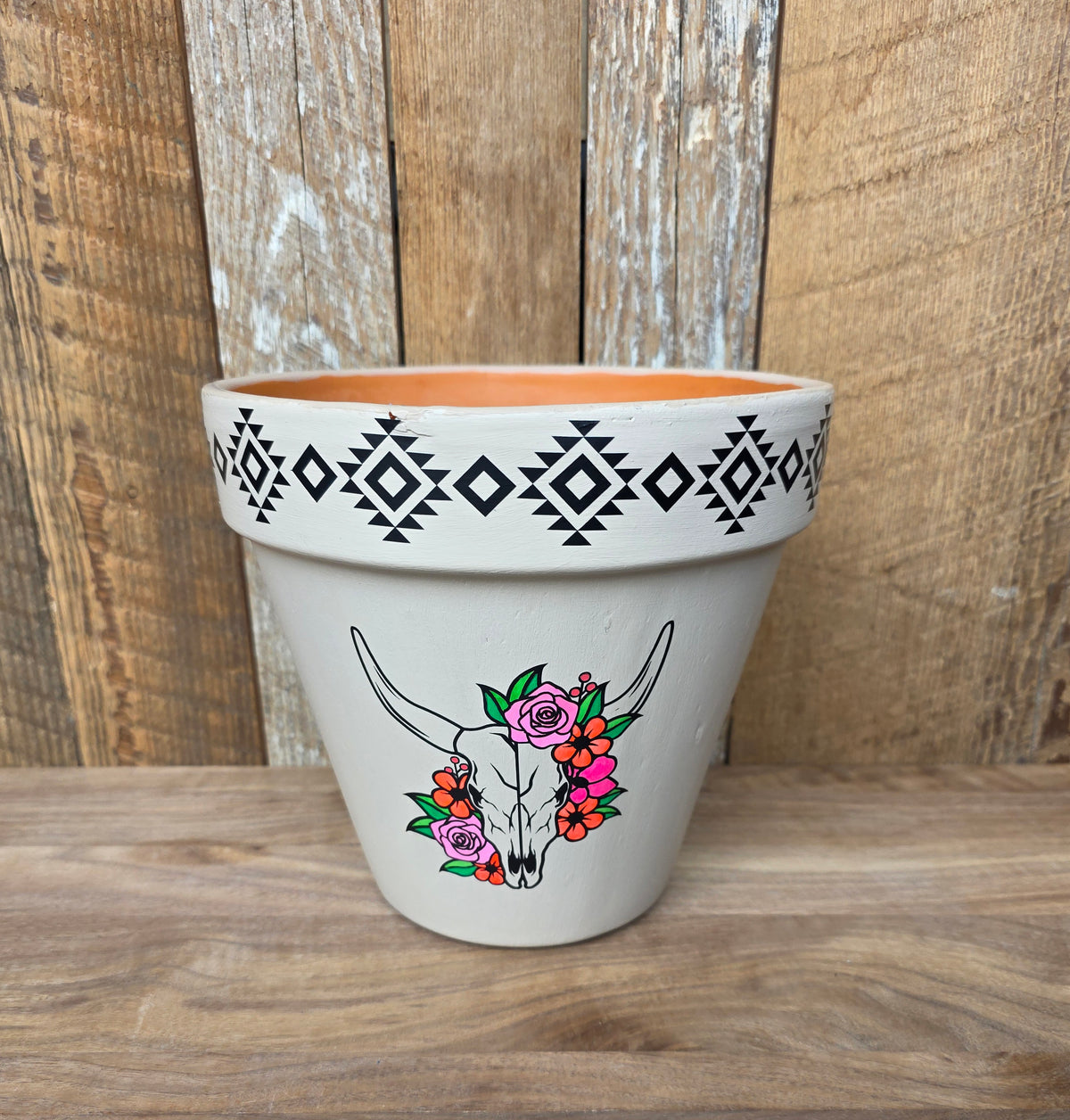 Mixed Media Terracotta Planter Pot: Southwestern with Cow Skulls