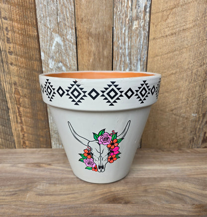 Mixed Media Terracotta Planter Pot: Southwestern with Cow Skulls