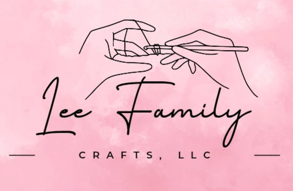 Logo for Lee Family Crafts, LLC with hands holding a crystal on a pink watercolor background