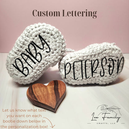 Crocheted Baby Booties | Personalized Sole, Custom Lettering