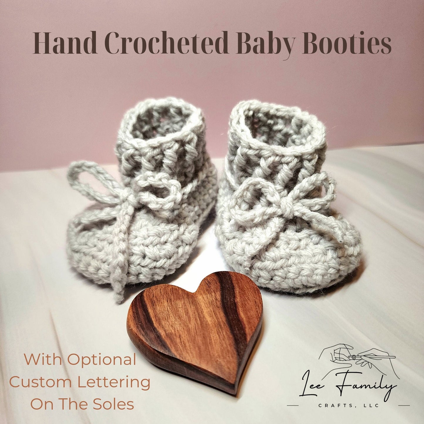 Baby booties with custom lettering, handcrocheted