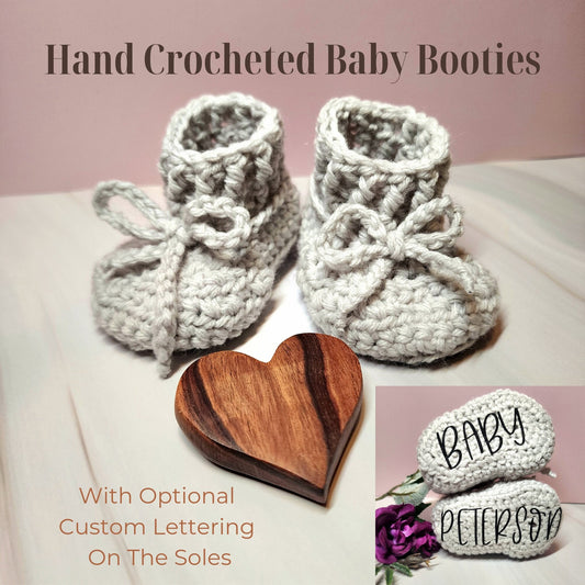 Crocheted Baby Booties | Personalized Sole, Custom Lettering