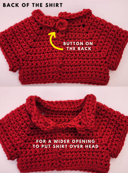 This photo shows that on the back of the shirt or top, features a button mechanism to make for a wider opening on the collar to make it easier to put over a baby's head.
