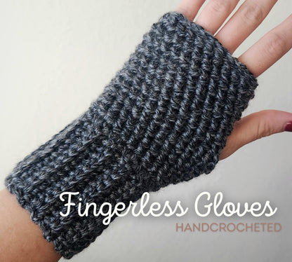 Hand-crocheted fingerless gloves in Charcoal Grey, showing open fingers for texting and typing.