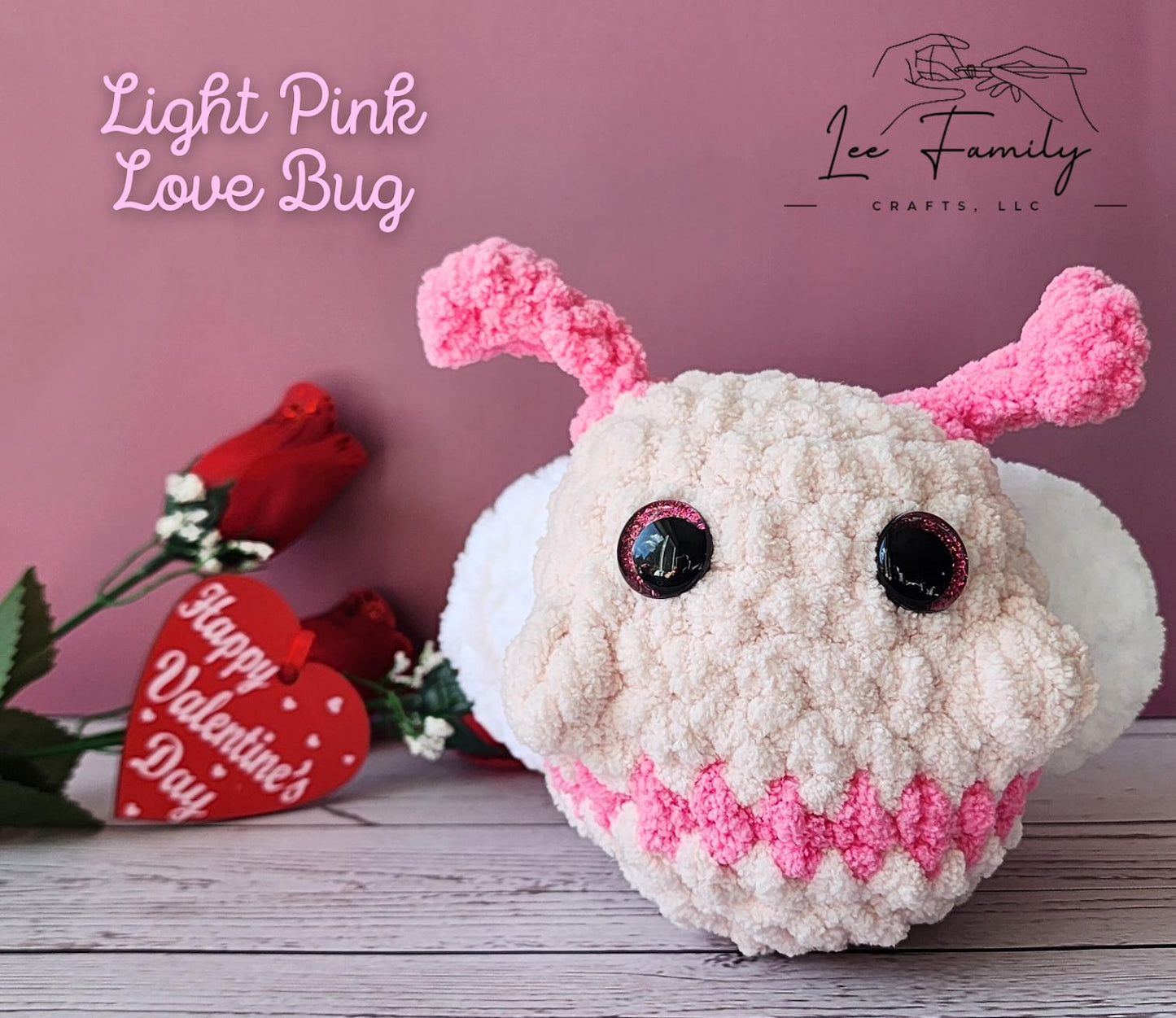 Light Pink Love Bug. A hand crocheted Valentine's Day plush gift.