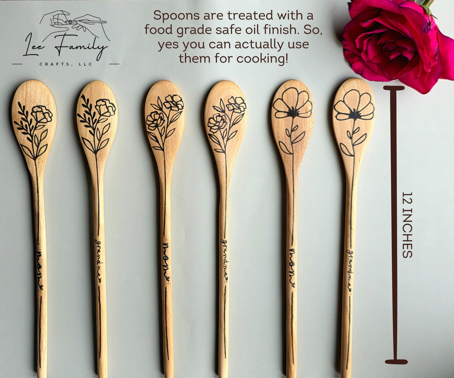 Floral Wood Burned Spoon: Personalized Kitchen Utensil