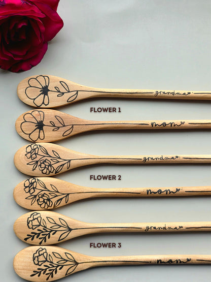 Floral Wood Burned Spoon: Personalized Kitchen Utensil