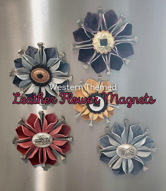 Leather Flower Magnet: Western Rustic Decor with Horseshoe Nails