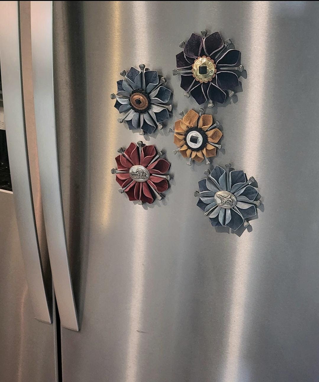 Leather Flower Magnet: Western Rustic Decor with Horseshoe Nails
