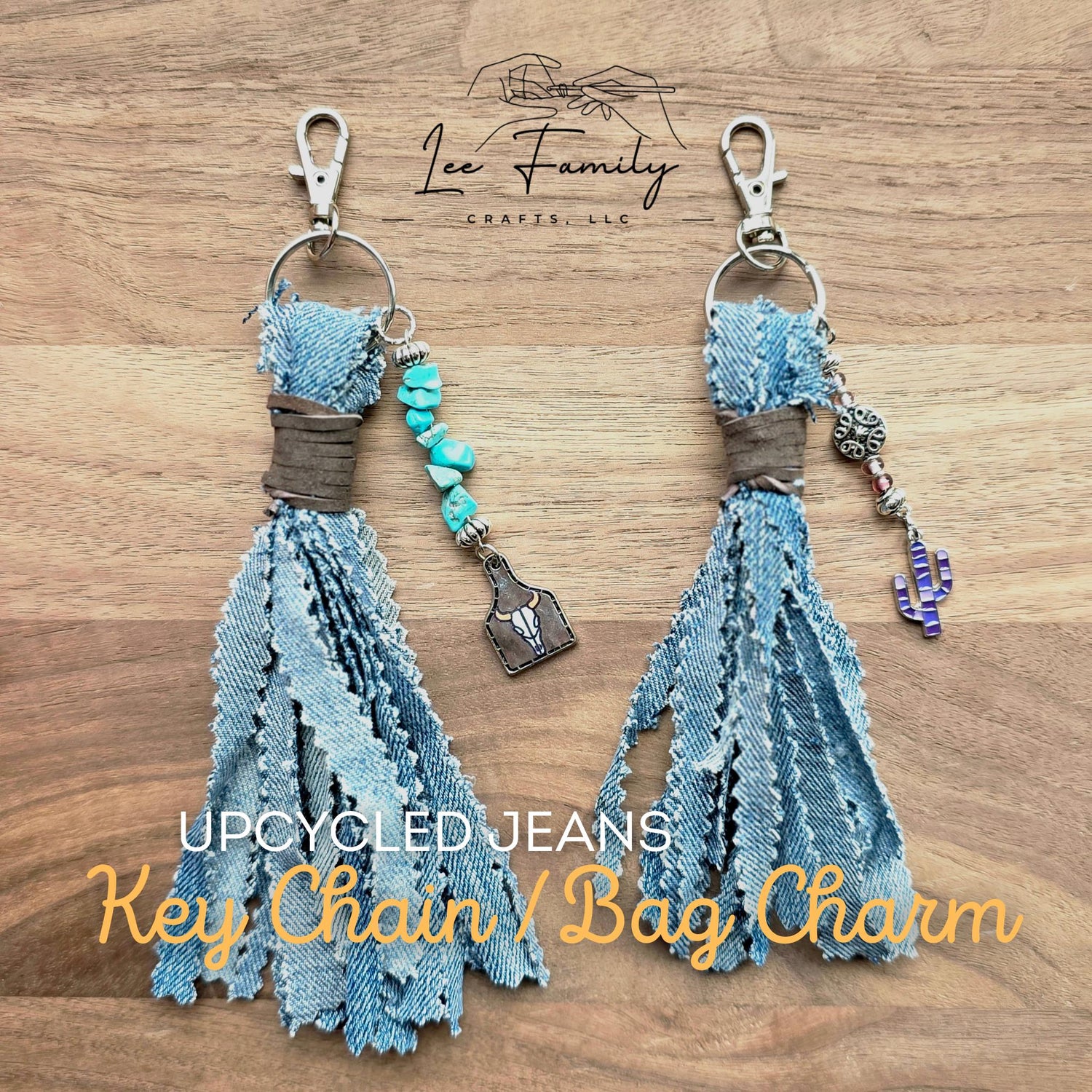 Upcycled Denim Tassel Keychain – Boho Bag Charm with Turquoise & Cow Tag – Recycled Jean Seam Key Ring – Western Accessories – Handmade Gift
