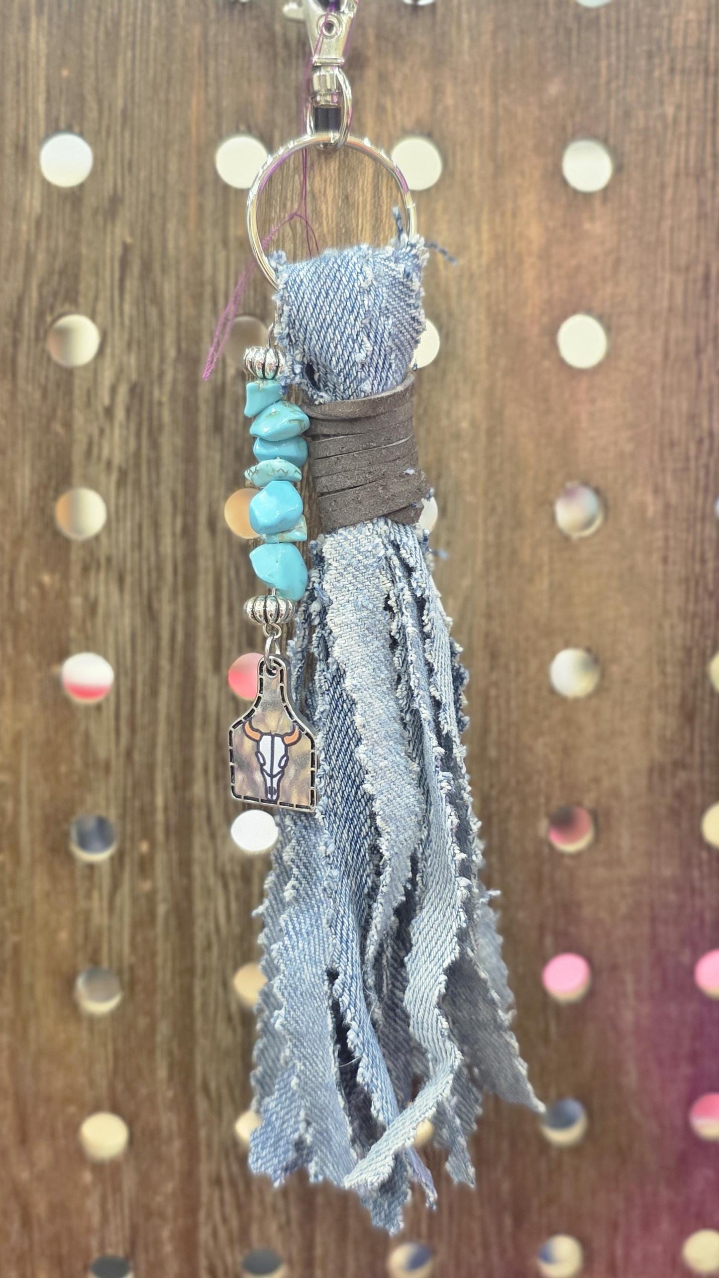 Upcycled Denim Tassel Keychain – Boho Bag Charm with Turquoise & Cow Tag – Recycled Jean Seam Key Ring – Western Accessories – Handmade Gift