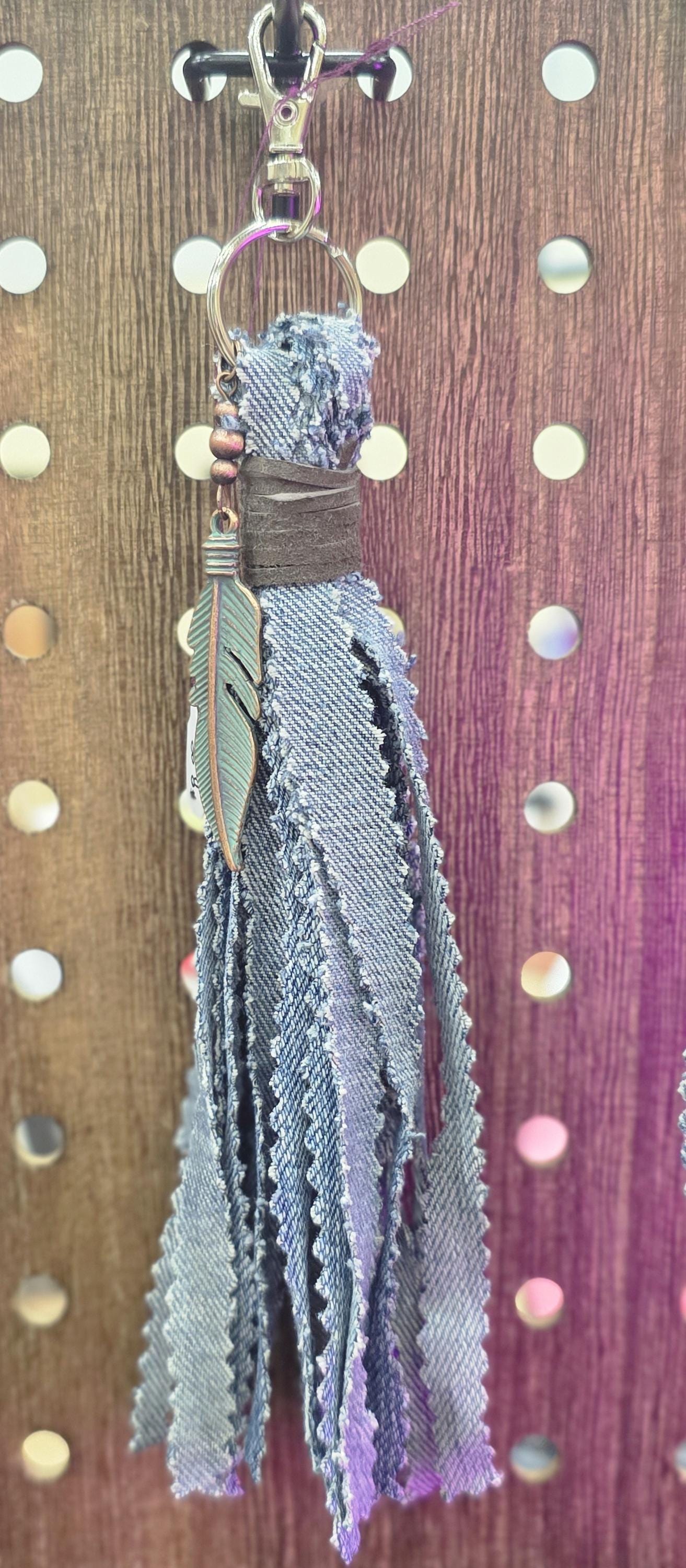 Upcycled Denim Tassel Keychain – Boho Bag Charm with Turquoise & Cow Tag – Recycled Jean Seam Key Ring – Western Accessories – Handmade Gift