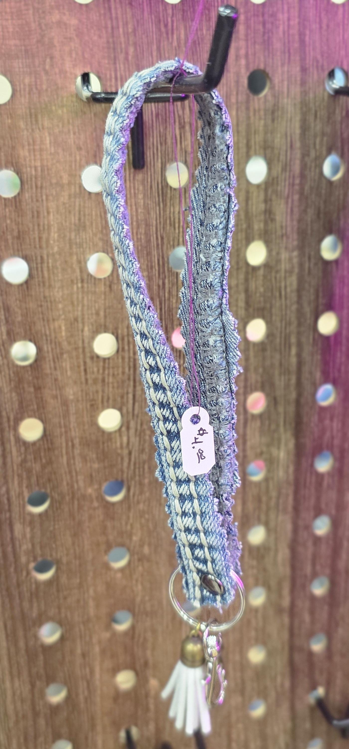 Upcycled Denim Tassel Keychain – Boho Bag Charm with Turquoise & Cow Tag – Recycled Jean Seam Key Ring – Western Accessories – Handmade Gift
