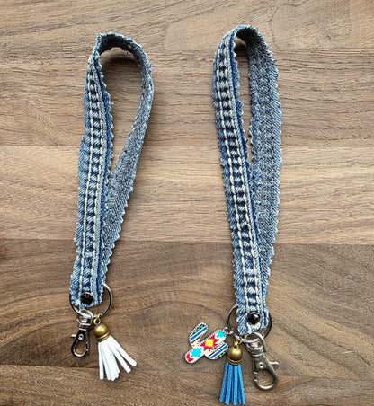 Upcycled Denim Tassel Keychain – Boho Bag Charm with Turquoise & Cow Tag – Recycled Jean Seam Key Ring – Western Accessories – Handmade Gift