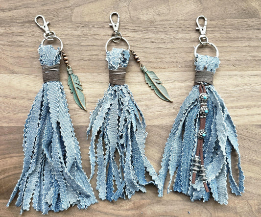 Upcycled Denim Tassel Keychain – Boho Bag Charm with Turquoise & Cow Tag – Recycled Jean Seam Key Ring – Western Accessories – Handmade Gift