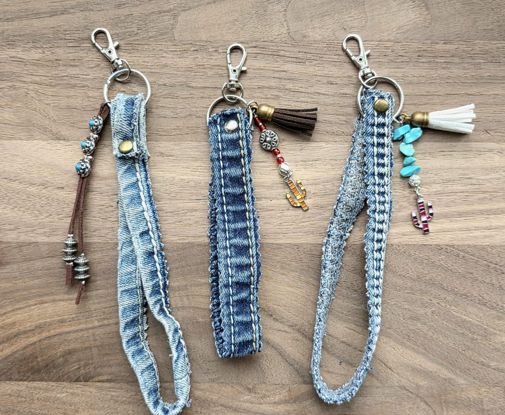 Upcycled Denim Tassel Keychain – Boho Bag Charm with Turquoise & Cow Tag – Recycled Jean Seam Key Ring – Western Accessories – Handmade Gift