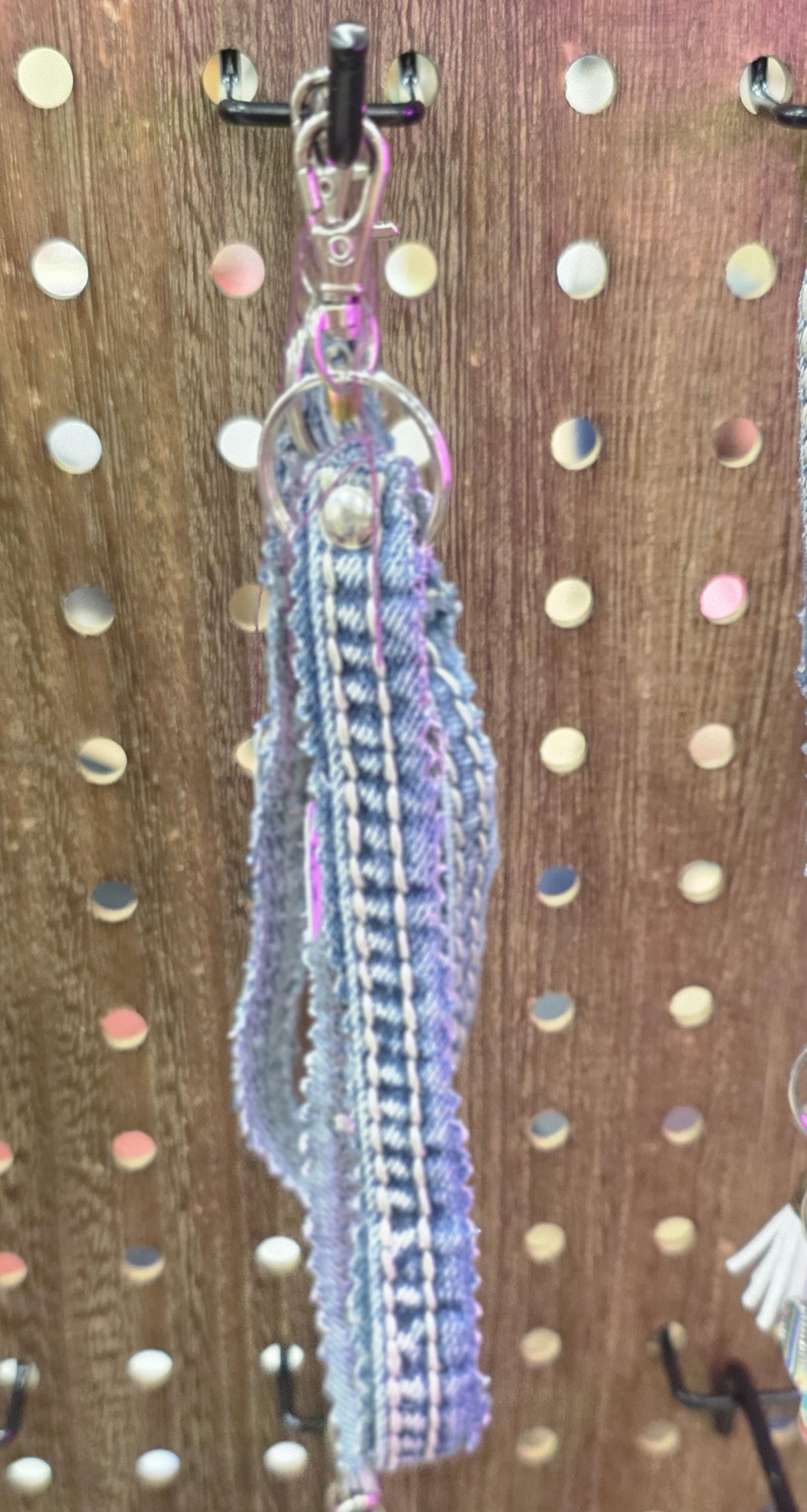 Upcycled Denim Tassel Keychain – Boho Bag Charm with Turquoise & Cow Tag – Recycled Jean Seam Key Ring – Western Accessories – Handmade Gift