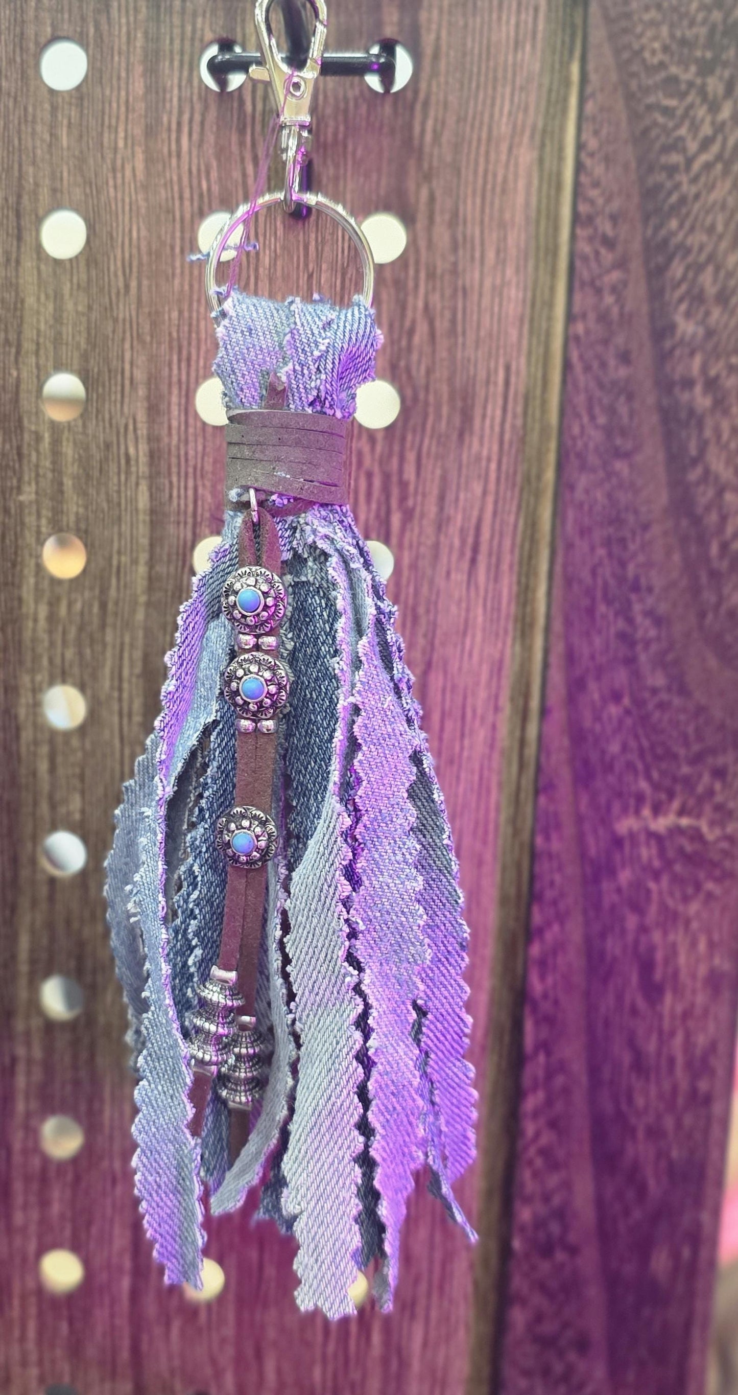 Upcycled Denim Tassel Keychain – Boho Bag Charm with Turquoise & Cow Tag – Recycled Jean Seam Key Ring – Western Accessories – Handmade Gift