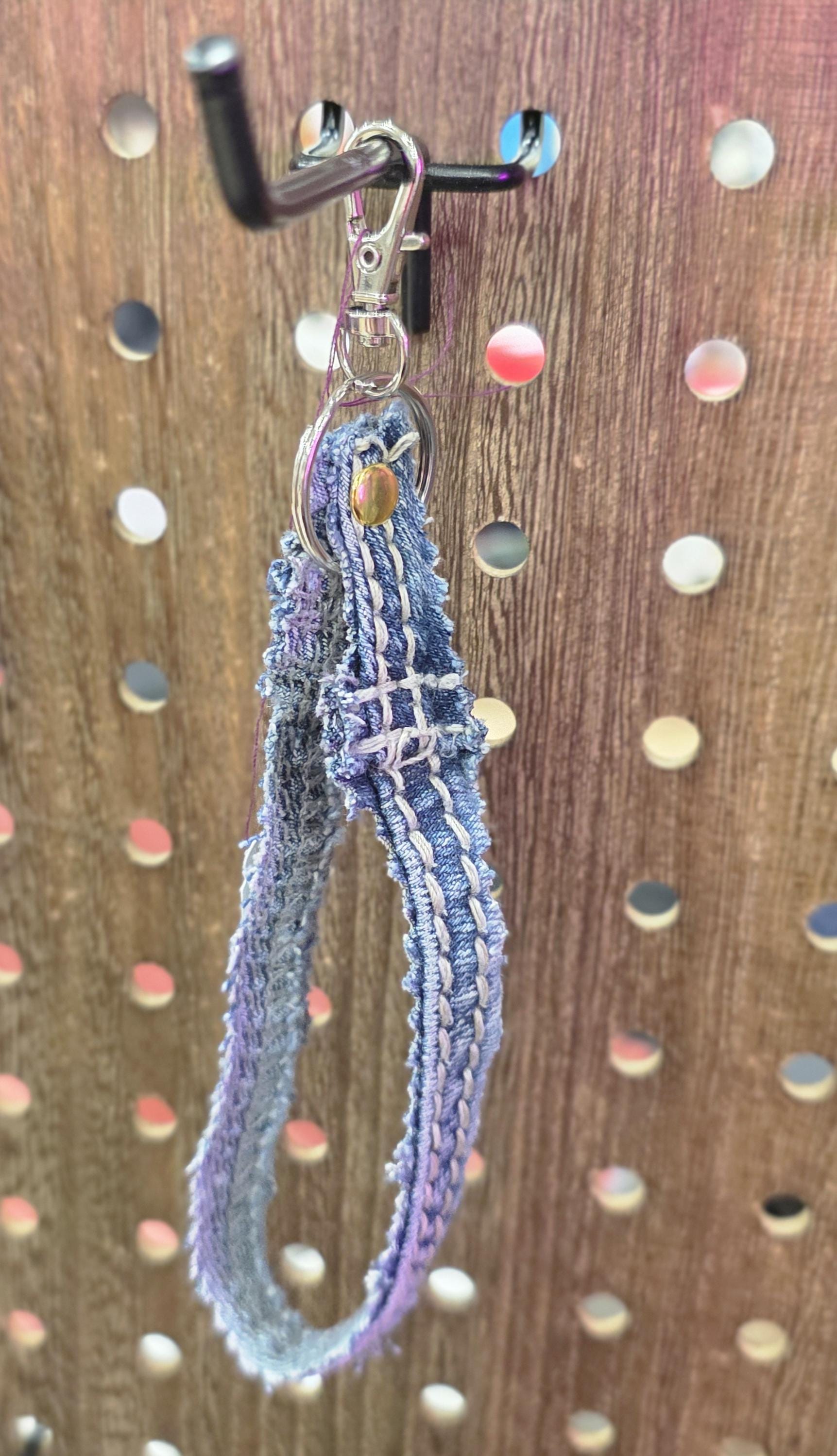 Upcycled Denim Tassel Keychain – Boho Bag Charm with Turquoise & Cow Tag – Recycled Jean Seam Key Ring – Western Accessories – Handmade Gift