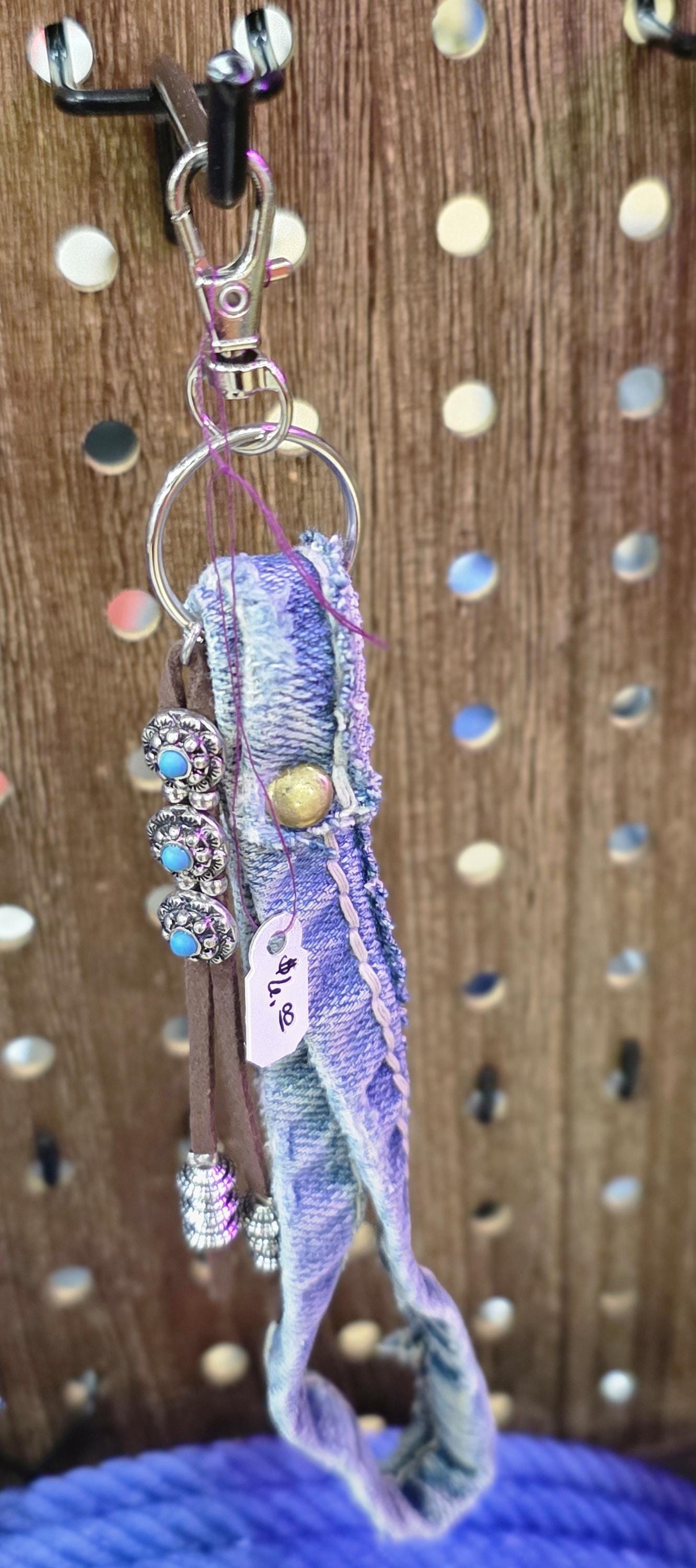 Upcycled Denim Tassel Keychain – Boho Bag Charm with Turquoise & Cow Tag – Recycled Jean Seam Key Ring – Western Accessories – Handmade Gift