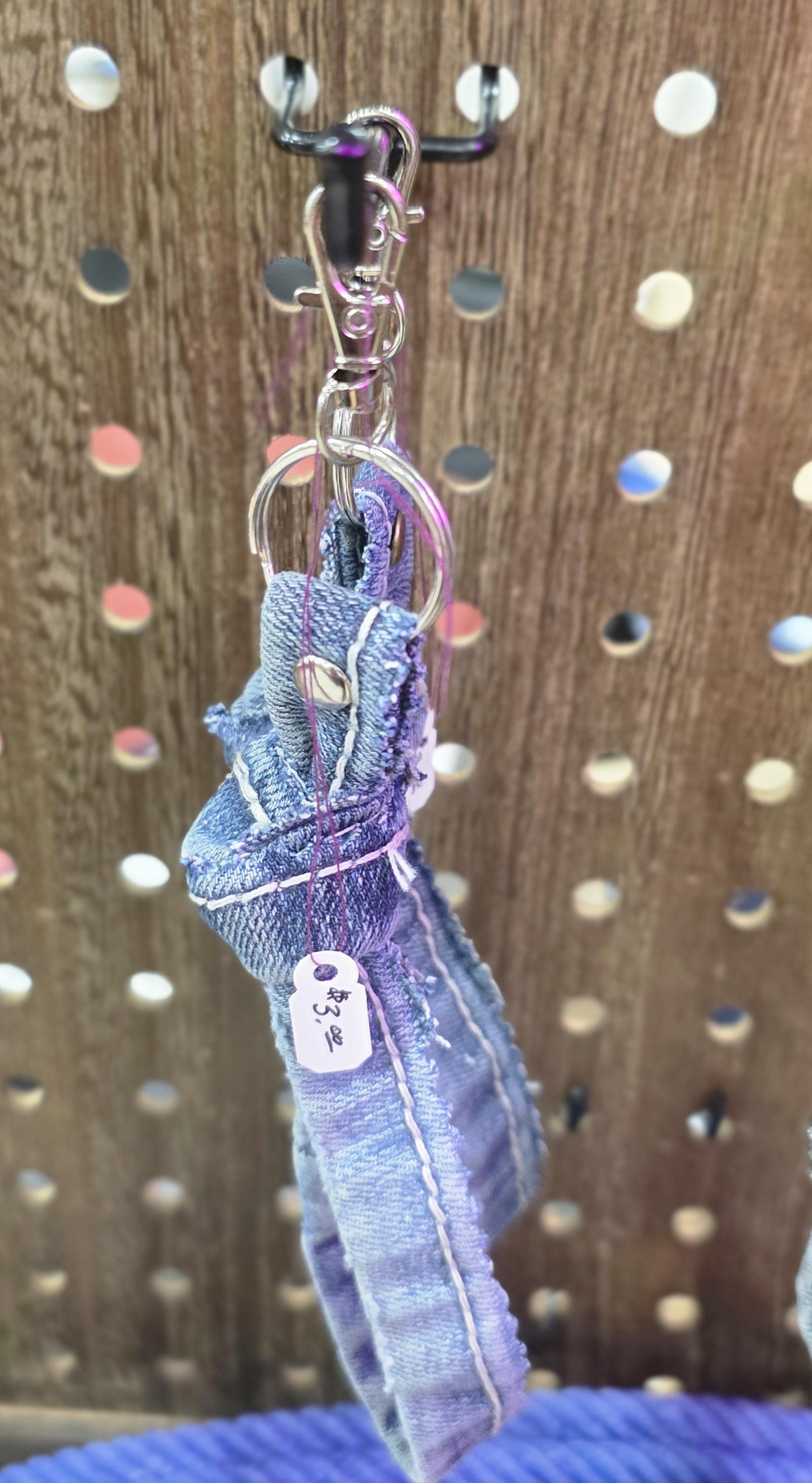 Upcycled Denim Tassel Keychain – Boho Bag Charm with Turquoise & Cow Tag – Recycled Jean Seam Key Ring – Western Accessories – Handmade Gift