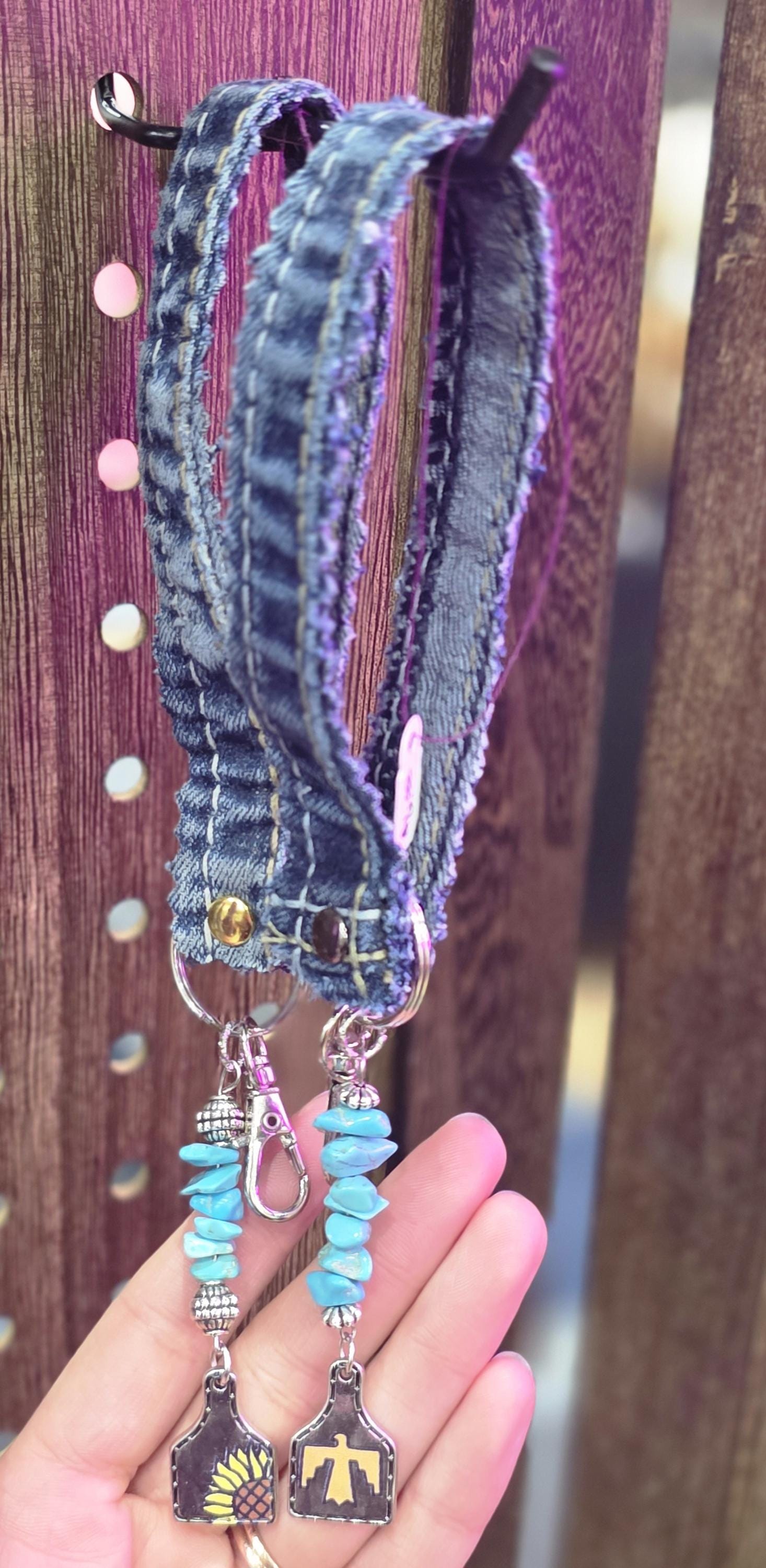 Upcycled Denim Tassel Keychain – Boho Bag Charm with Turquoise & Cow Tag – Recycled Jean Seam Key Ring – Western Accessories – Handmade Gift