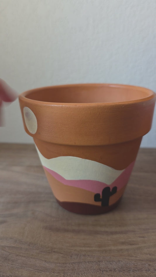 Hand Painted Terracotta Planter Pot: Desert Scene