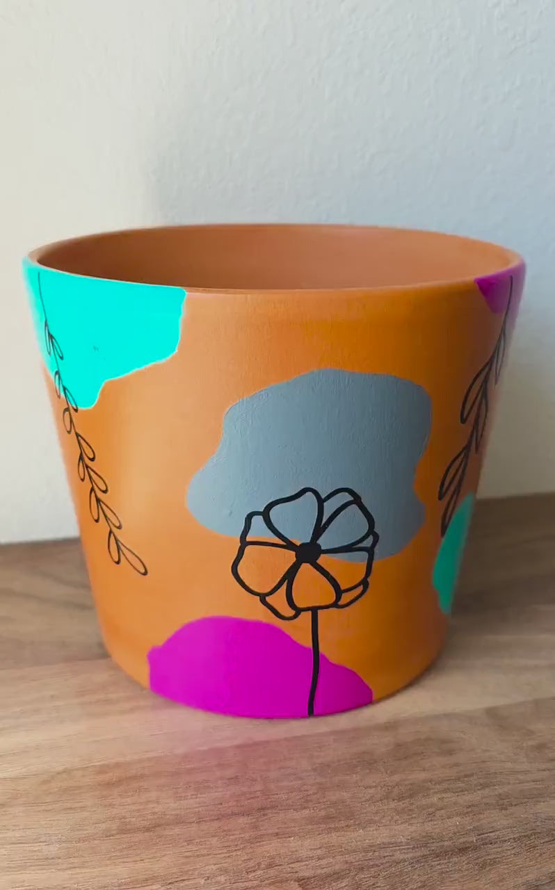Mixed Media Terracotta Planter Pot: Boho Floral Design