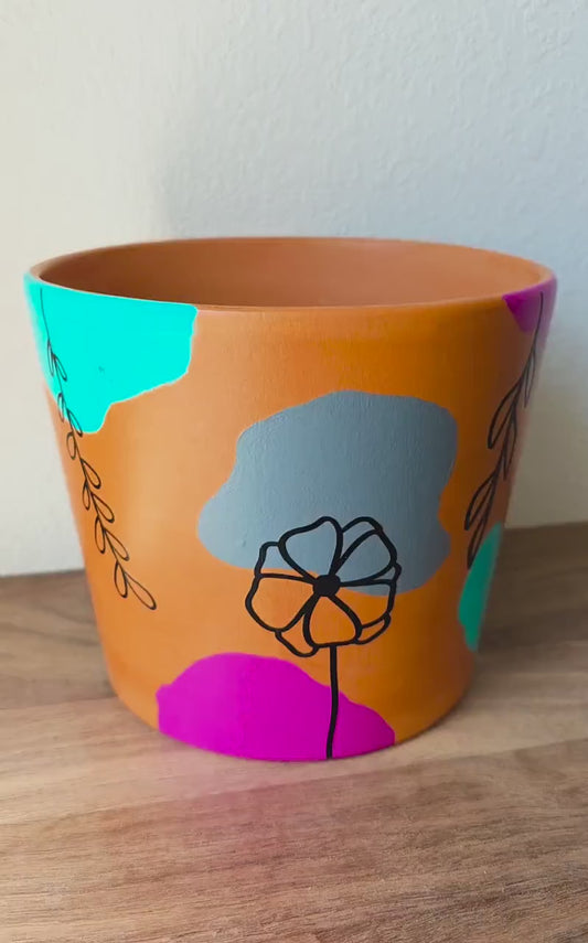 Mixed Media Terracotta Planter Pot: Boho Floral Design