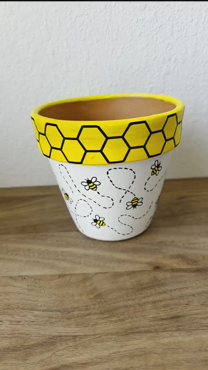 Mixed Media Terracotta Planter Pot: Honey Bee Design