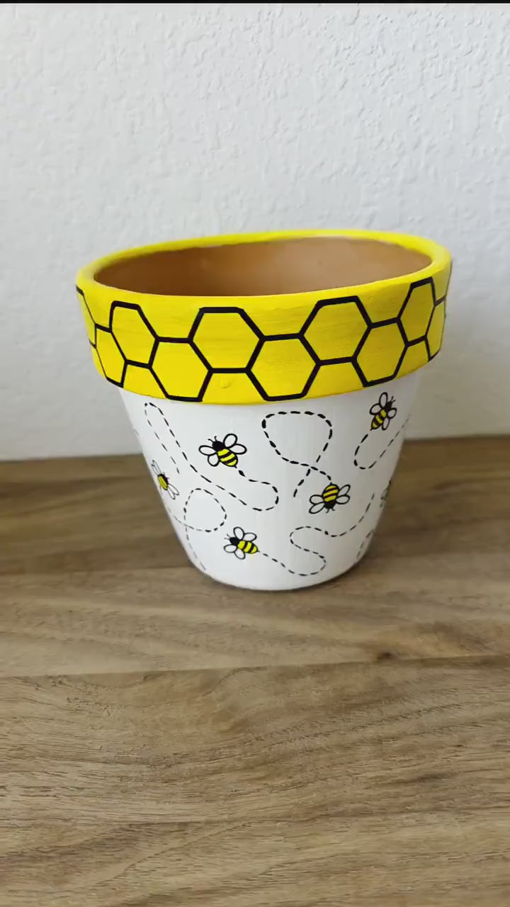 Mixed Media Terracotta Planter Pot: Honey Bee Design