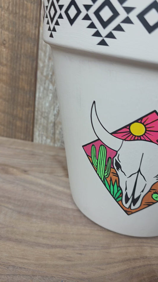 Mixed Media Terracotta Planter Pot: Southwestern with Cow Skulls