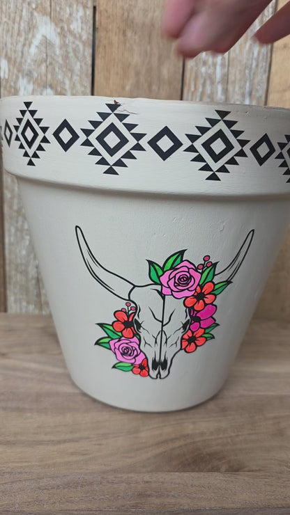 Mixed Media Terracotta Planter Pot: Southwestern with Cow Skulls