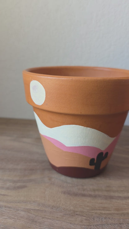 Hand Painted Terracotta Planter Pot: Desert Scene
