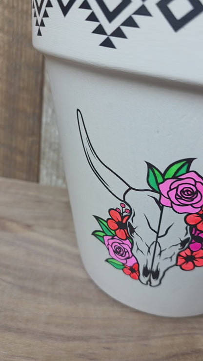 Mixed Media Terracotta Planter Pot: Southwestern with Cow Skulls